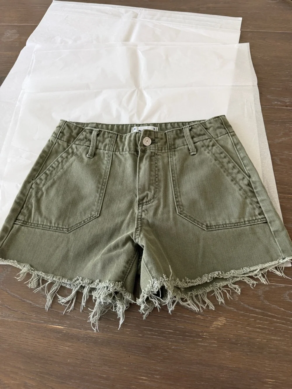 PAIGE Olive Green Frayed-Hem Denim Shorts - Picture 1 of 8